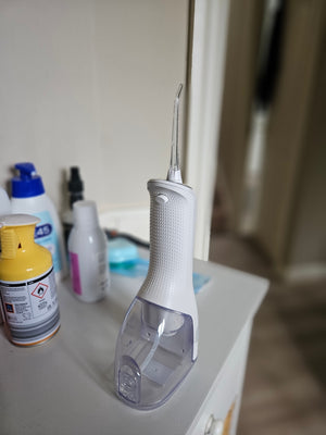 Customer photo: Hetrios Water Flosser on a bathroom shelf